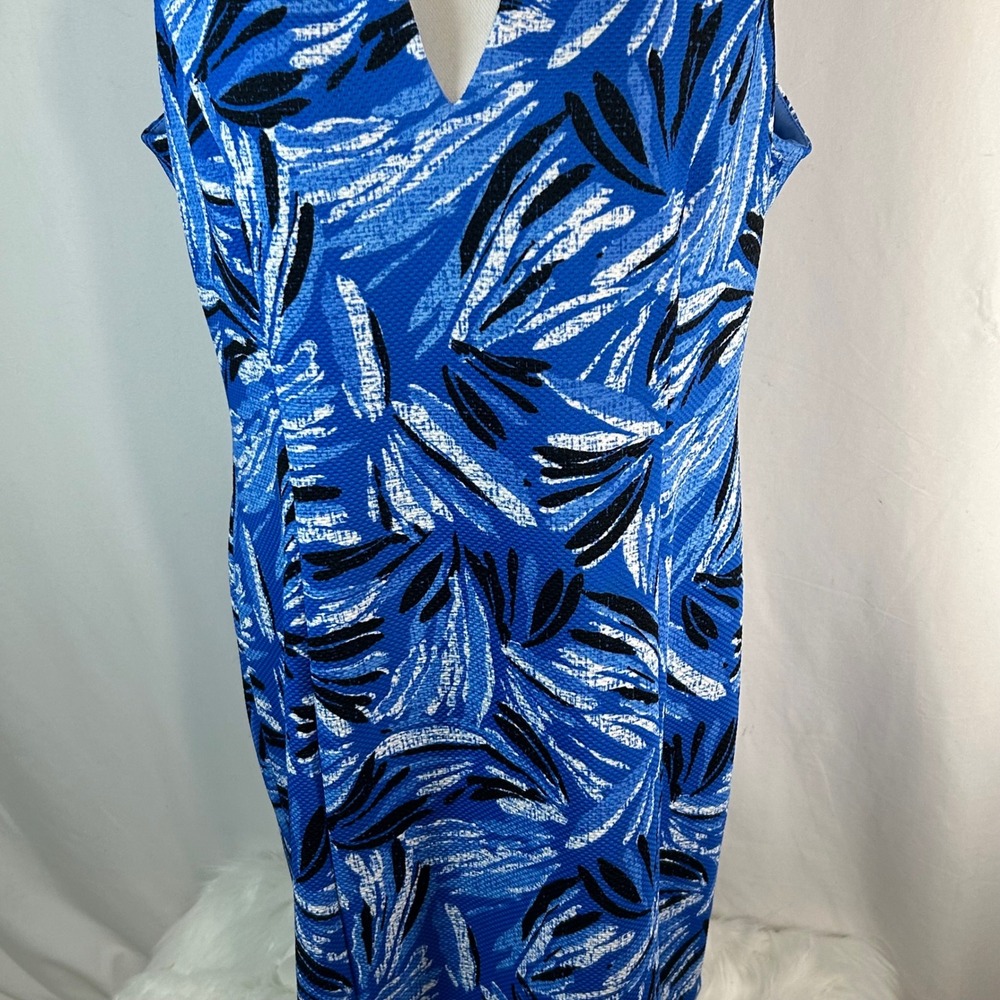 Cappagallo Blue White Abstract Leaf Print Sleeveless V-Neck Midi Dress Size 14‎ - Picture 3 of 7